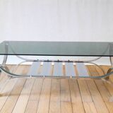 Rectangular coffee table in smoked glass and chrome double trays Design 1970