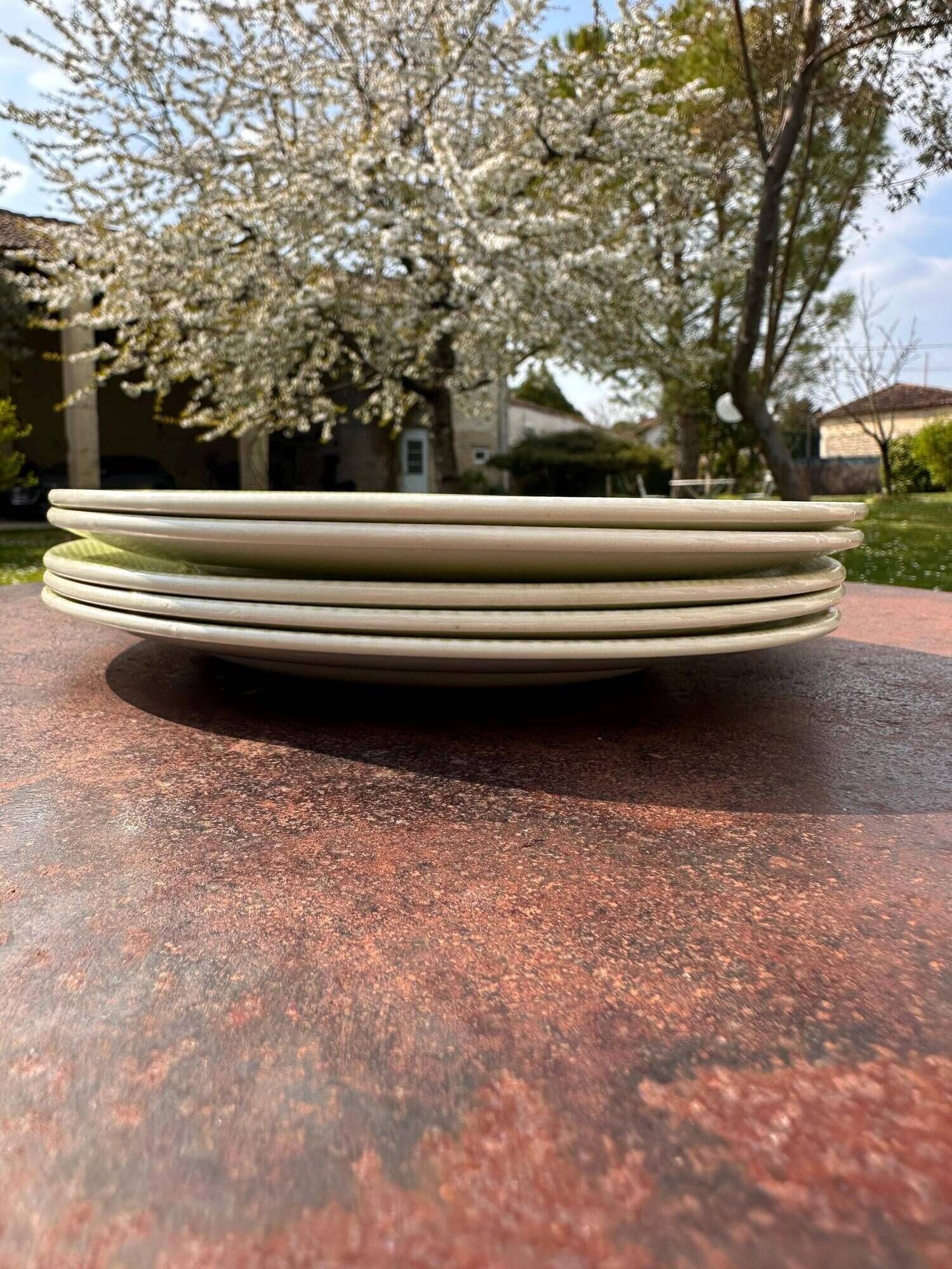 Set of 5 Salins Isoard model plates in vintage green earthenware.