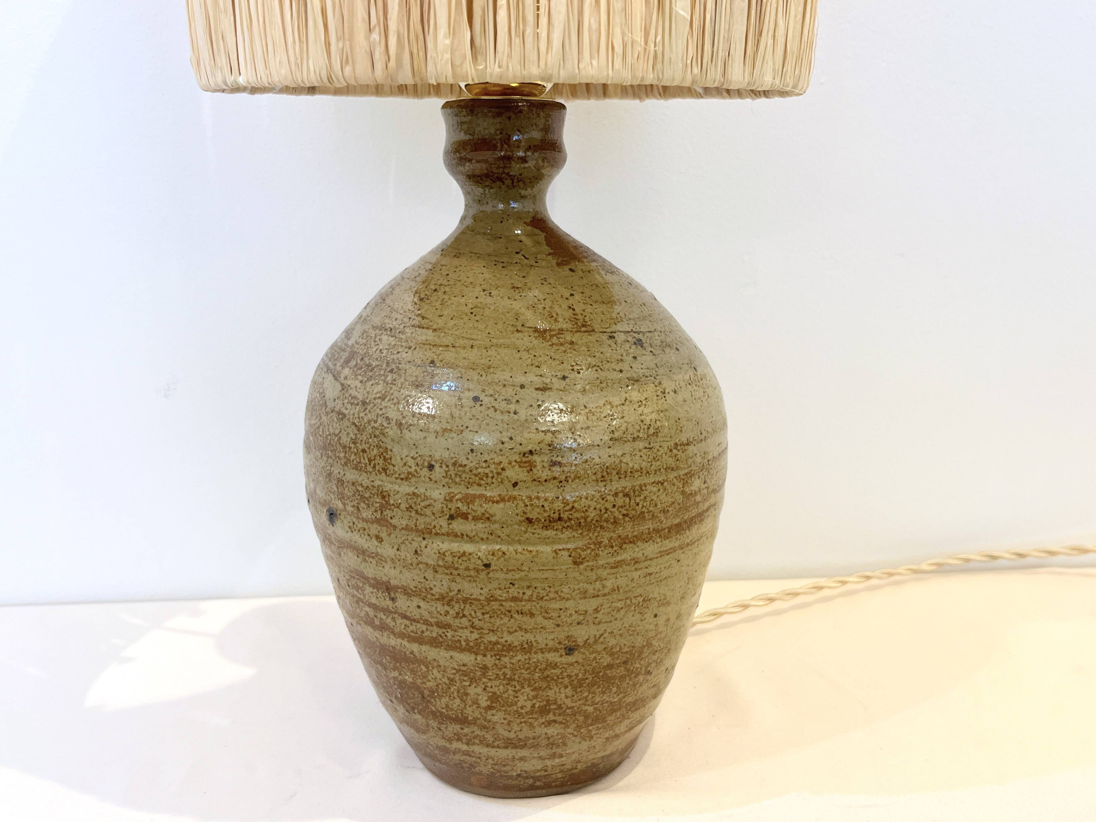 XXL Vintage Lamp Base in Beige Brown Stoneware with Raffia Lampshade 1970
