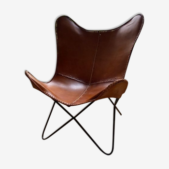 Fauteuil papillon en croûte de cuir de vachette