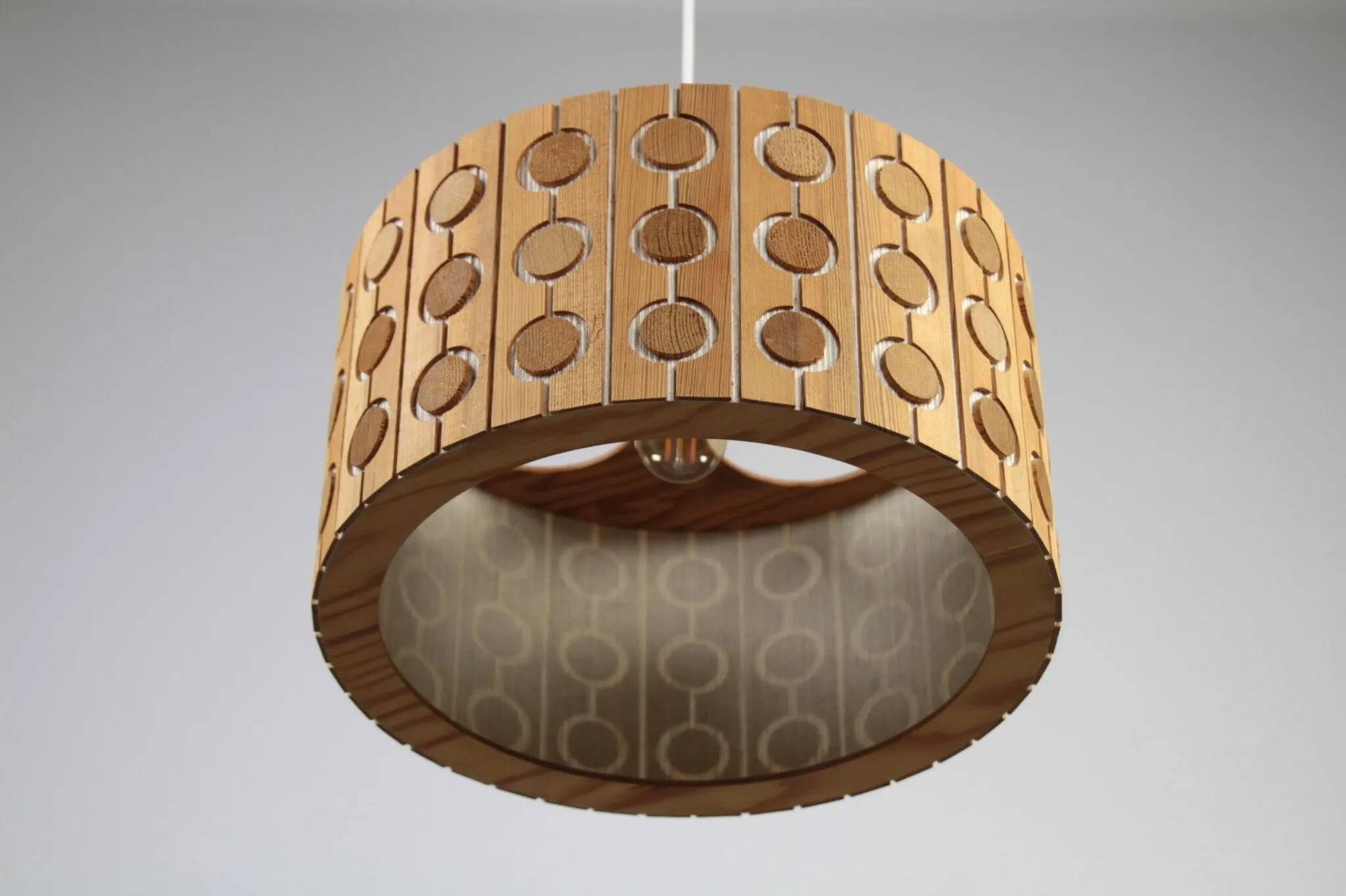 Pine Pendant Lamp – Cylindrical with Circle Pattern, Scandinavia – 1960s/1970s