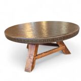 Round brutalis coffee table with brass / copper top / 1960s