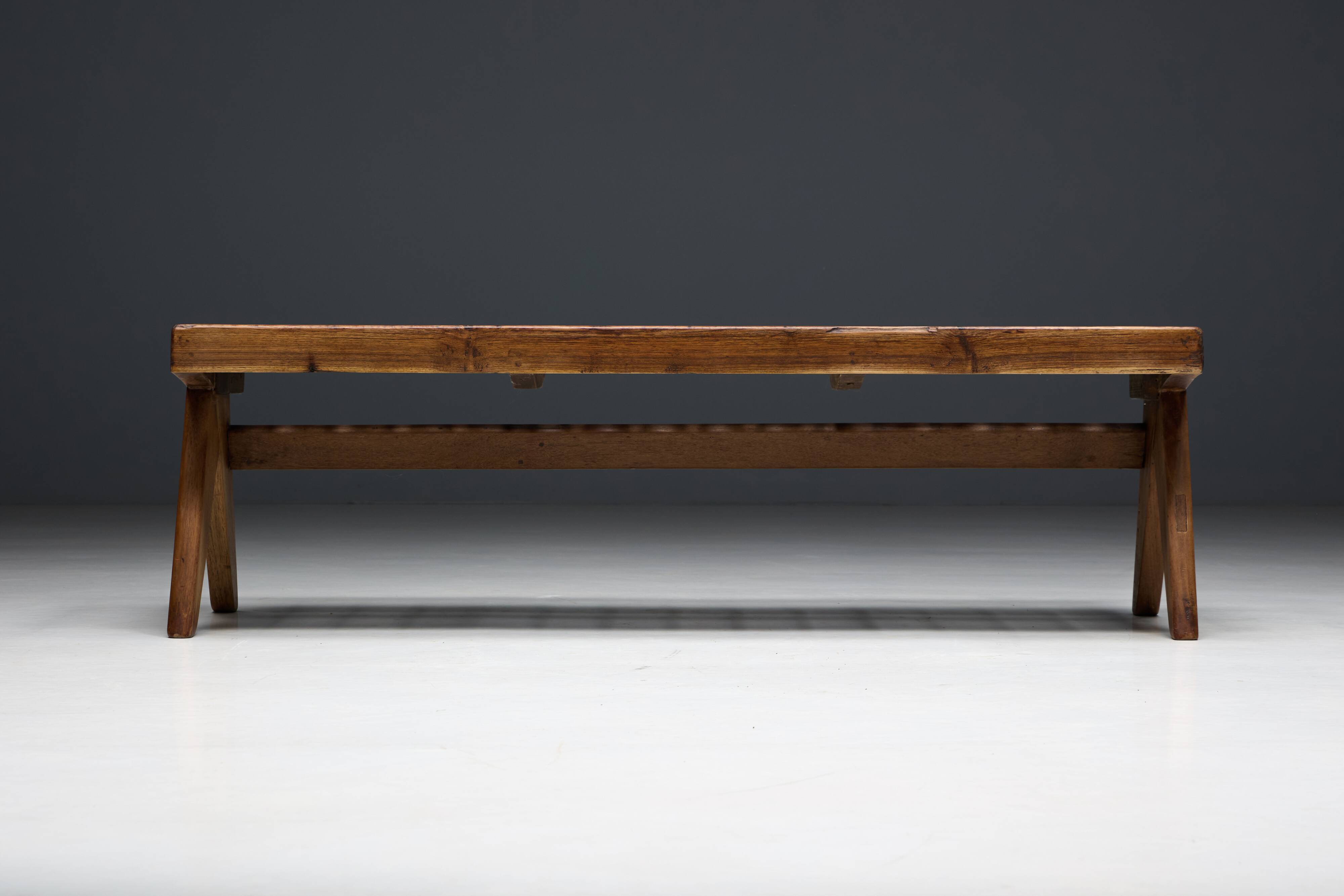 Solid Teak Slatted Bench by Pierre Jeanneret, India, 1950s