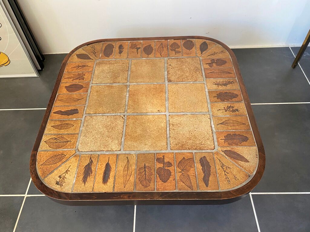 Coffee table Roger Capron ceramic herbarium and vintage wood year 1960