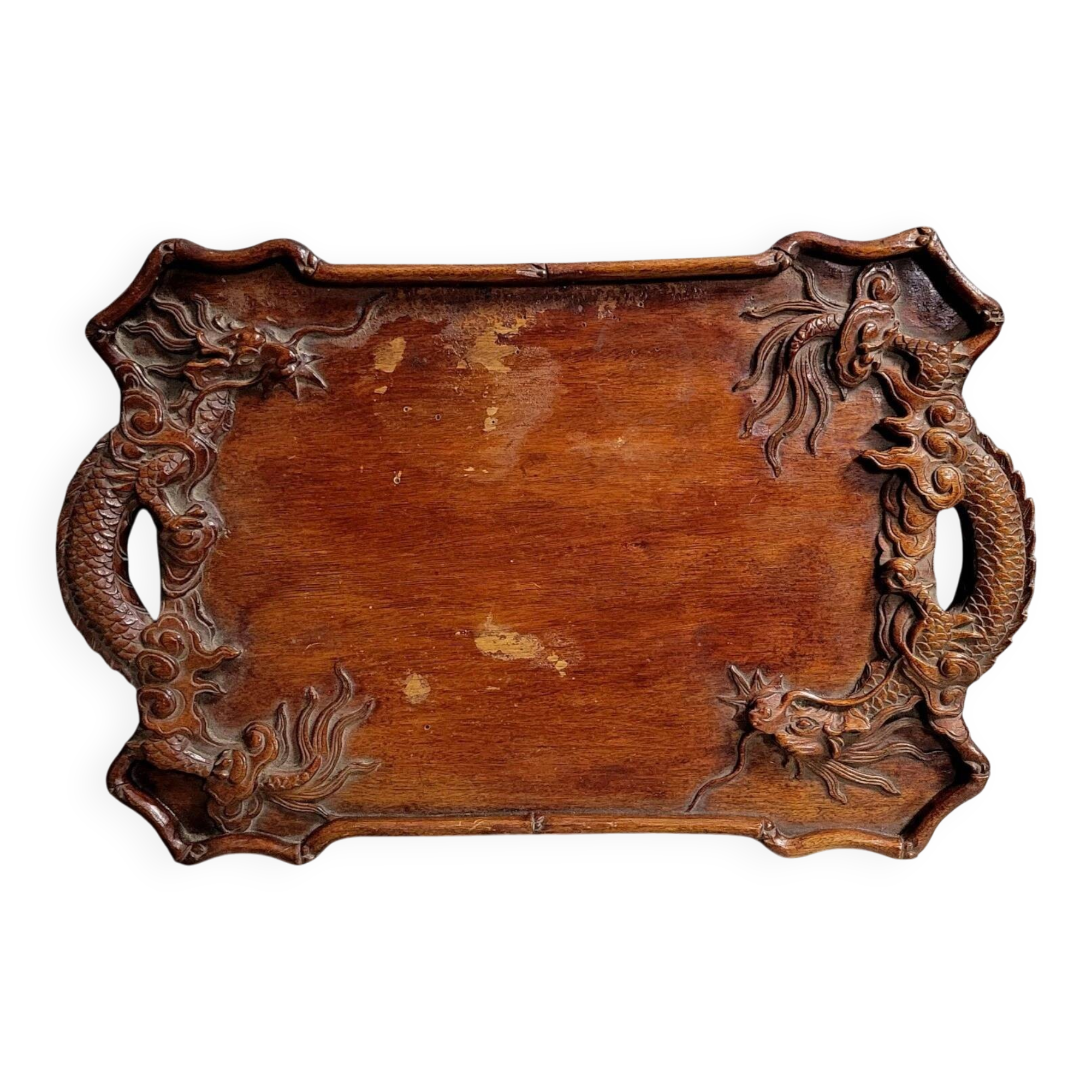 Asie Vers 1900 : plateau aux dragons en bois exotique
