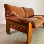 Old 2-seater leather and walnut sofa design 70s Mobil Girgi Mario Marenco vintage Italy