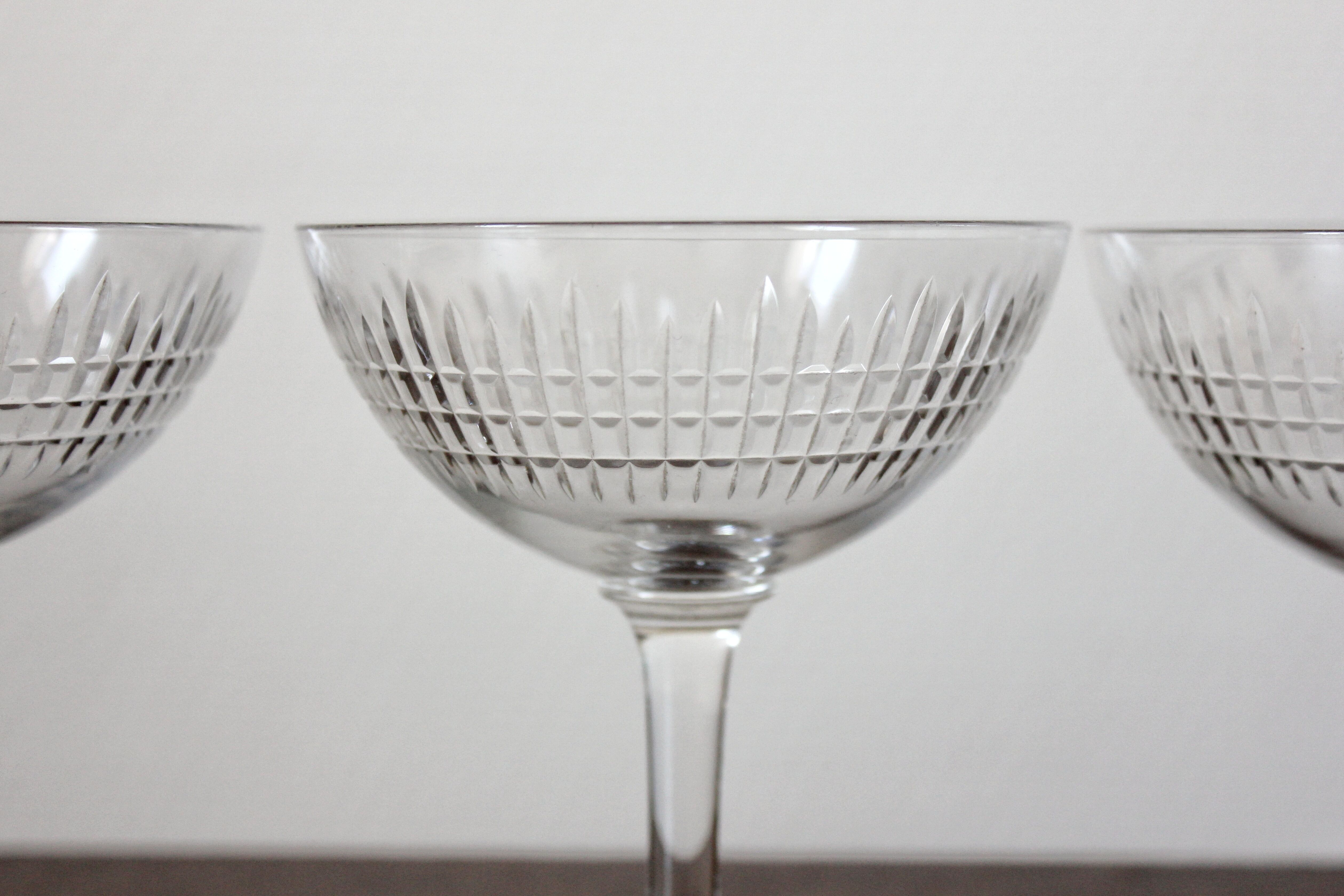 3 antique champagne glasses in ridged engraved crystal