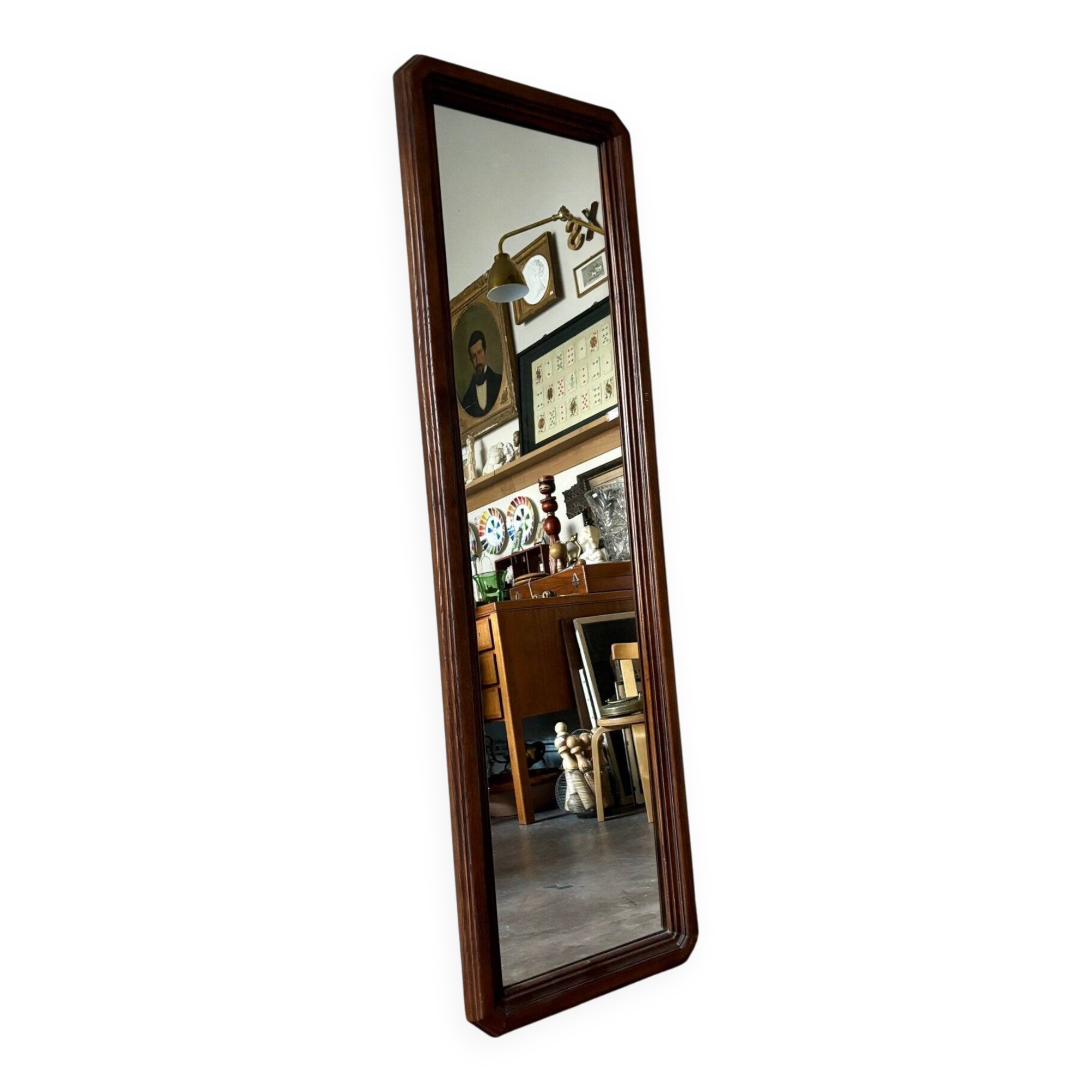 Full-length rectangular mirror in dark wood