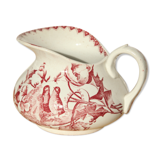 Pichet en faïence motif oiseau rose