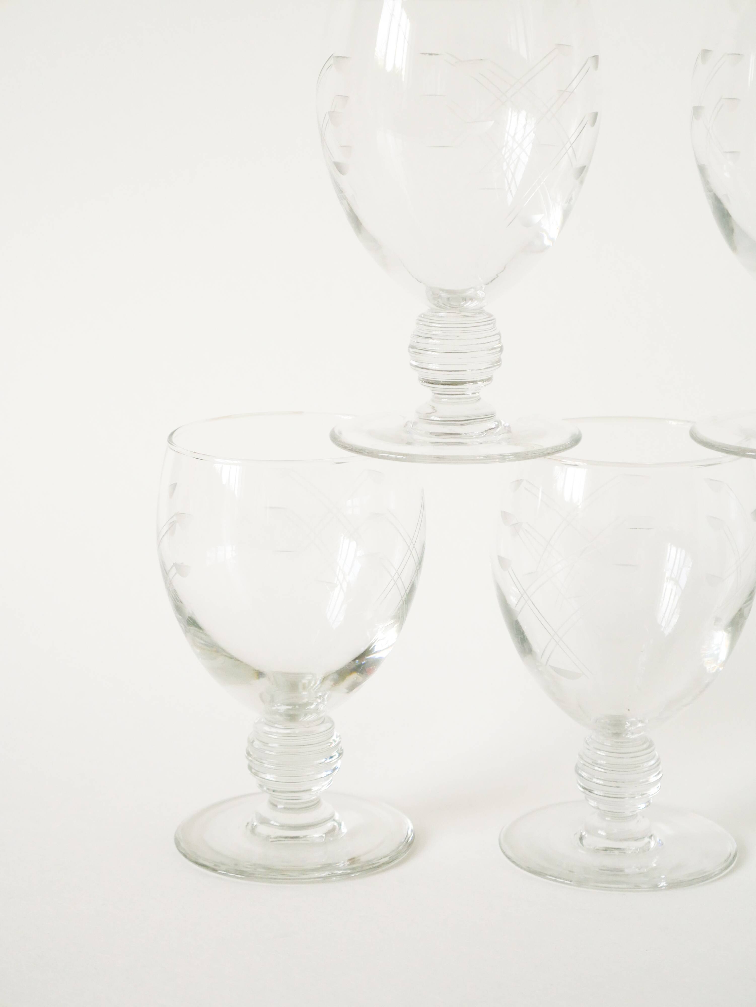 Set of 6 large wine glasses with intricately carved stems, in engraved crystal, Art Nouveau