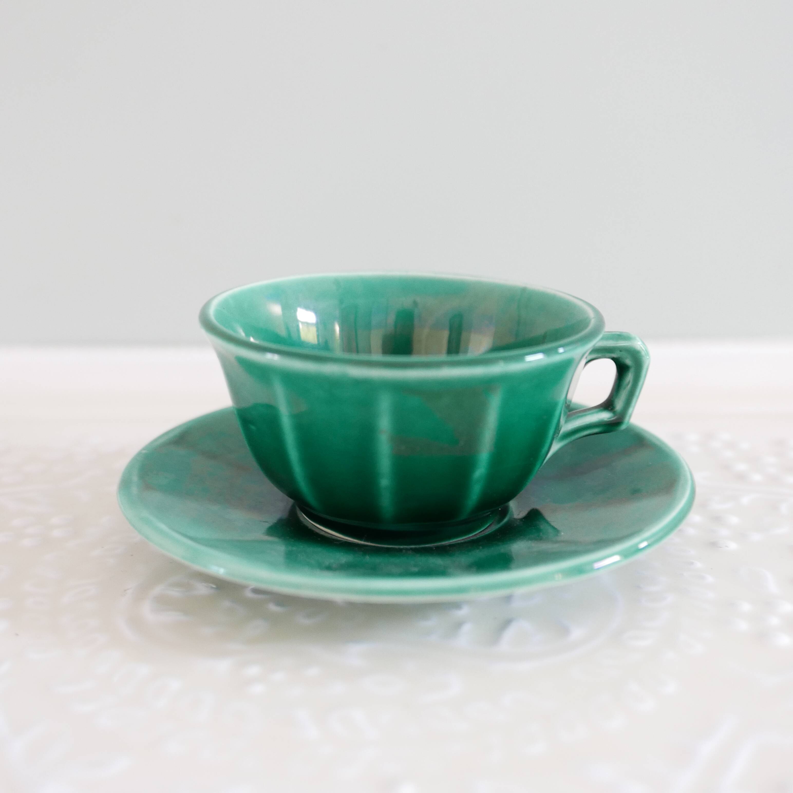 Tea set (teapot + cup & saucer) green glazed ceramic