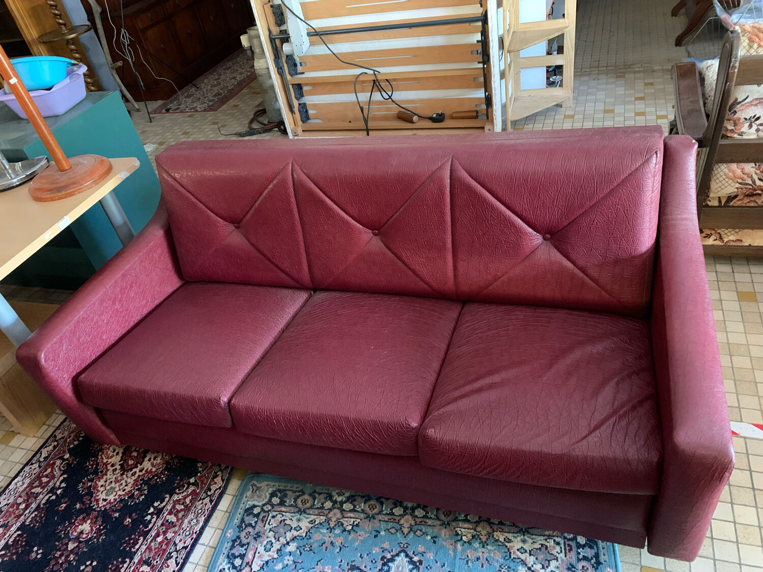 Red leather sofa 70s folding bed