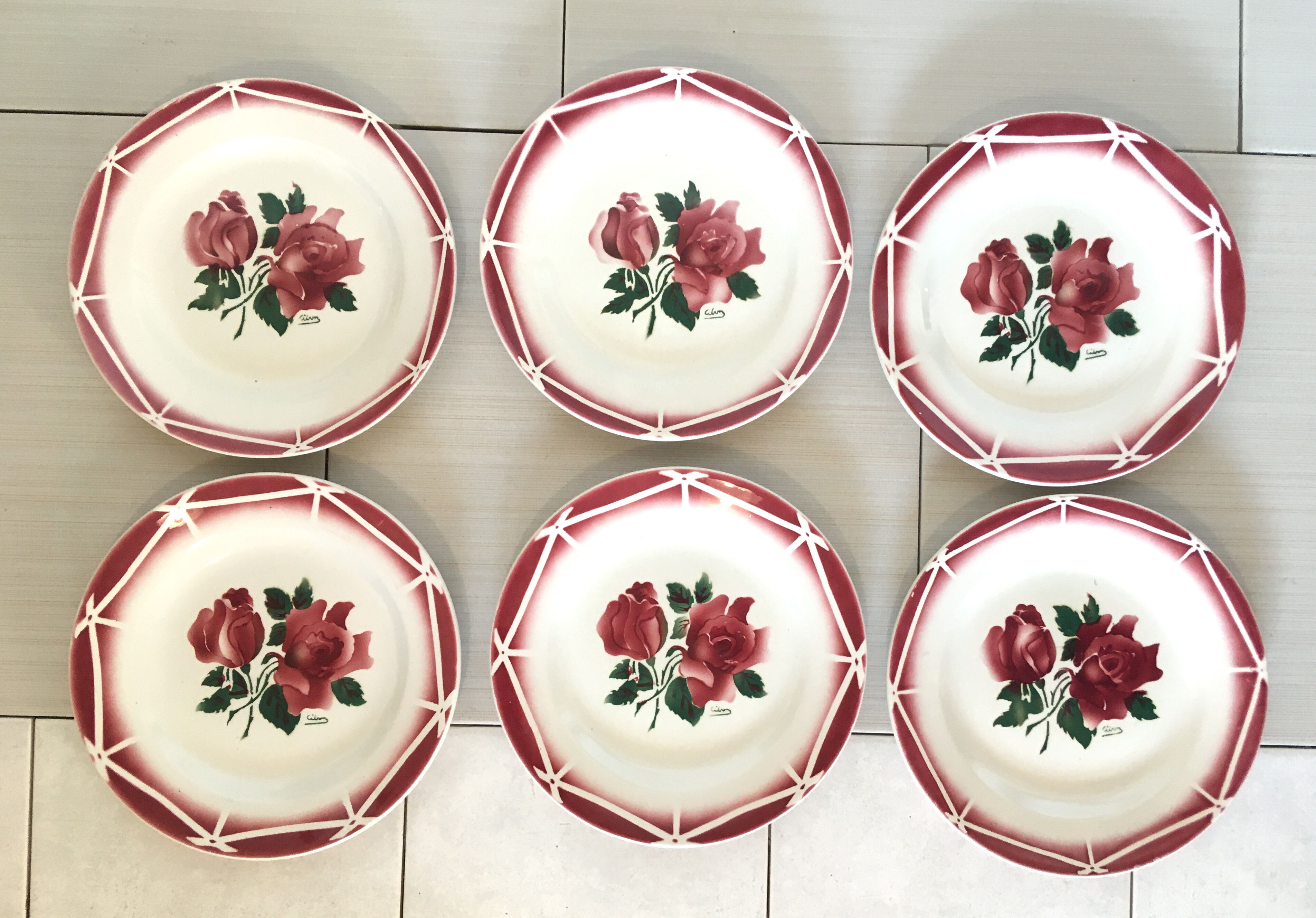 Set of 6 dessert plates Digoin Sarreguemines cibon pink vintage old