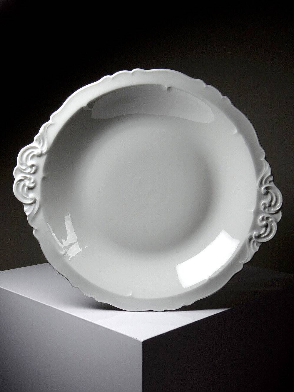 Large, hollow serving dish in fine white Limoges porcelain, vintage/antique