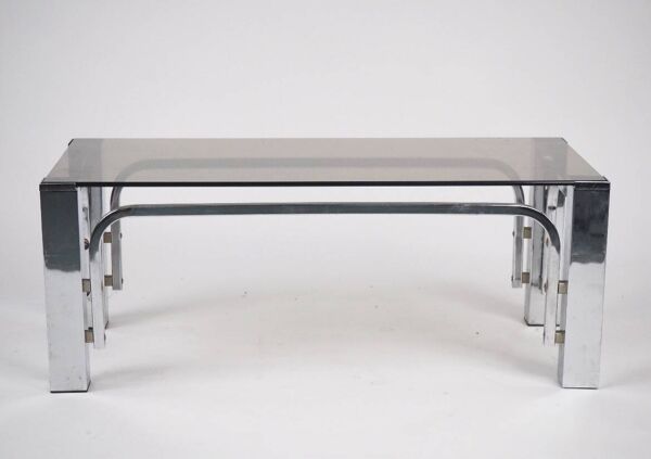 Table basse verre fumé et chrome 1970