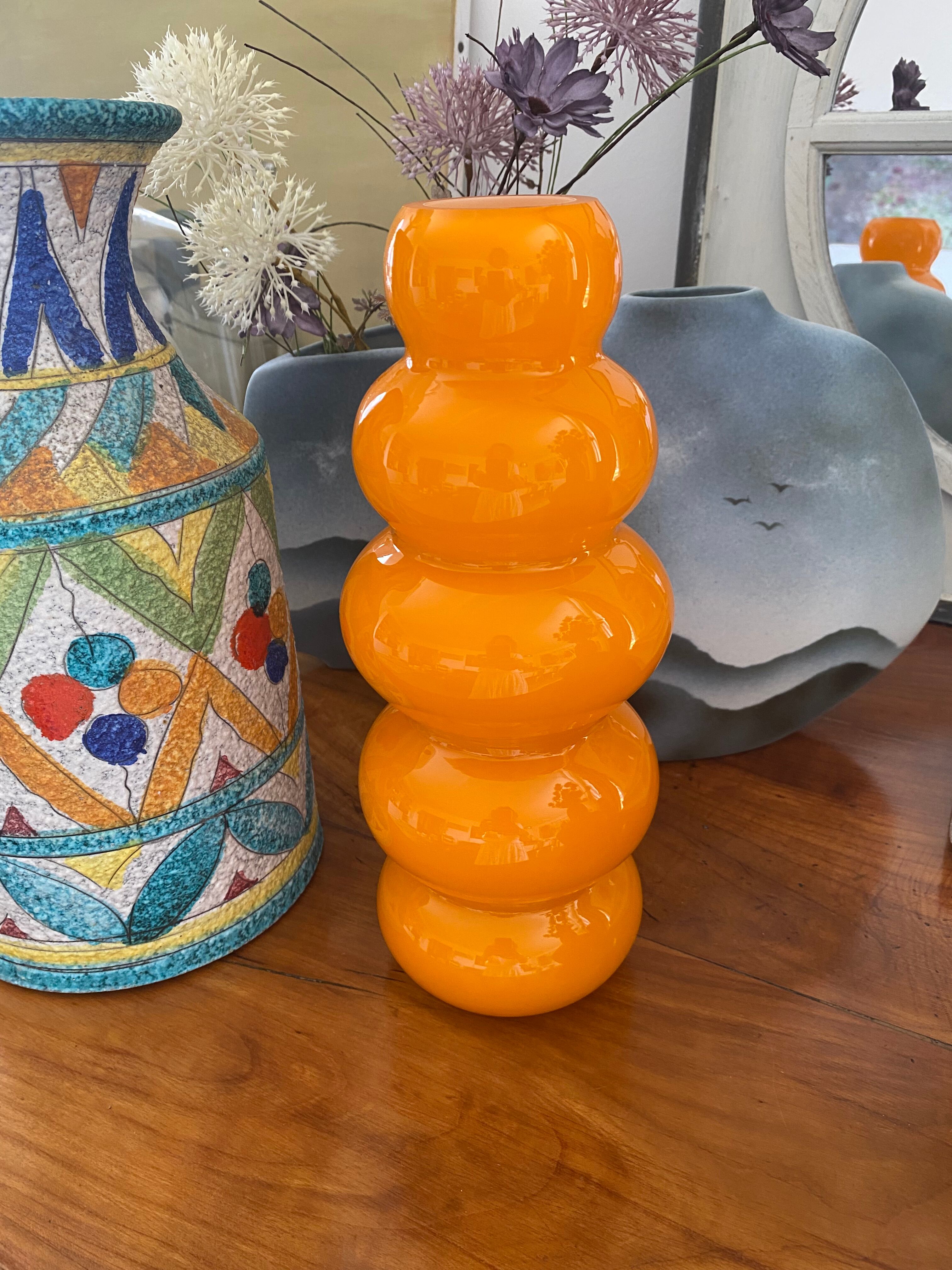 Vase bubble caterpillar orange glass double years 60 70