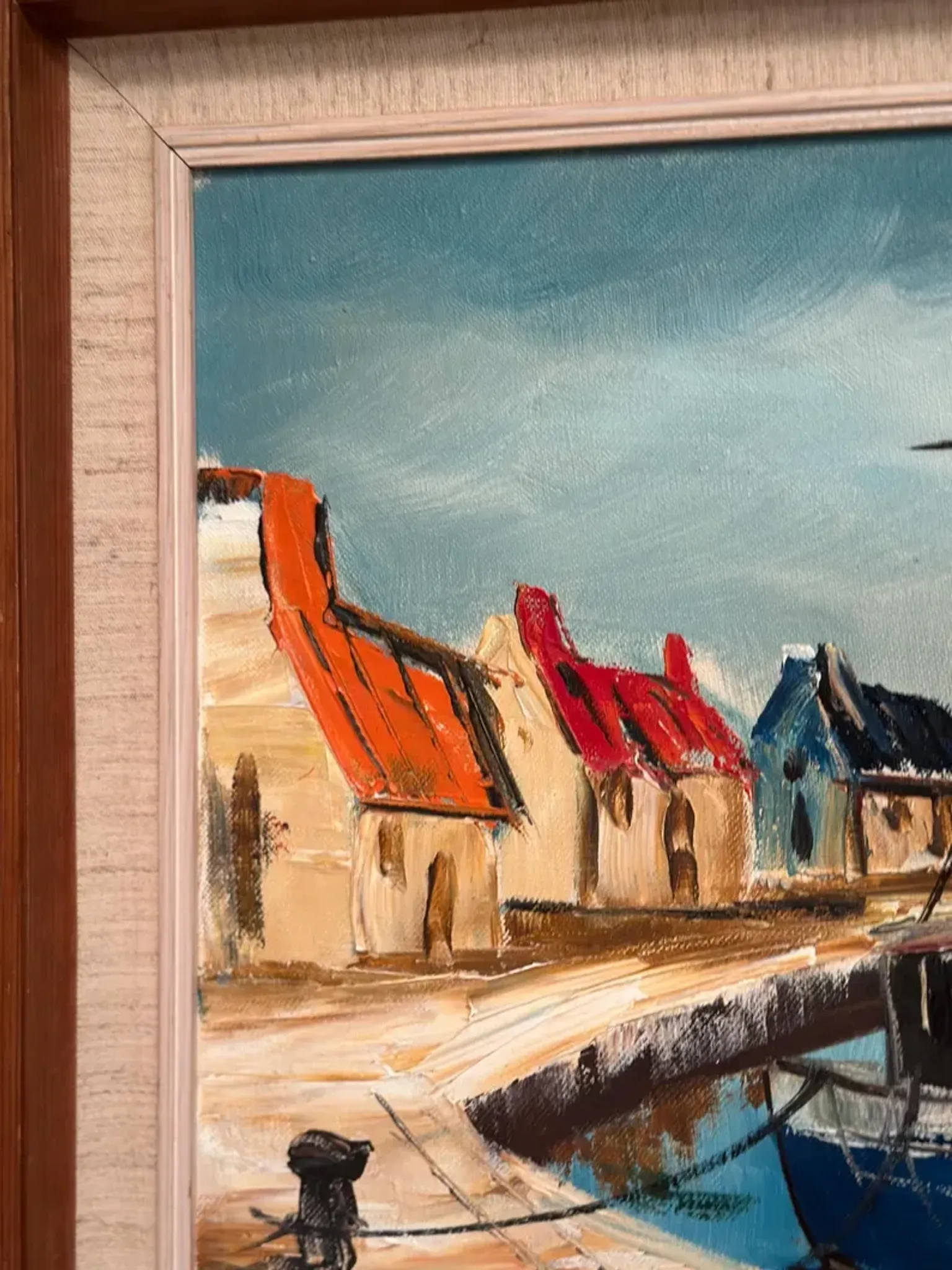 Original Swedish Oil on Canvas – “Boats” by Lennart Börje – Signed – Vintage & Framed 88.5 cm x 48.5 cm (34.8" × 19")