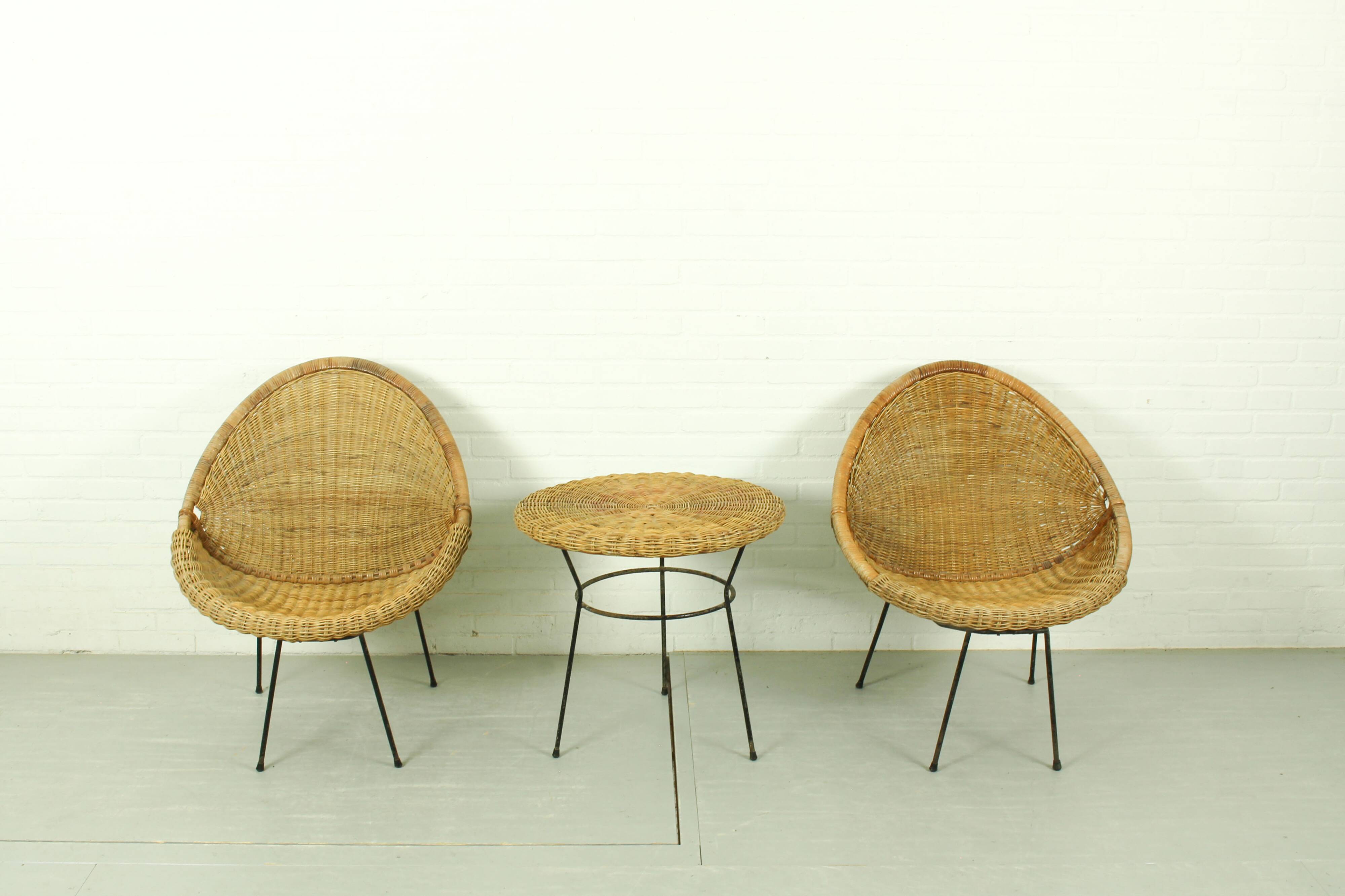1950s Italian Rattan Basket Chairs & Matching Bistro Table Set