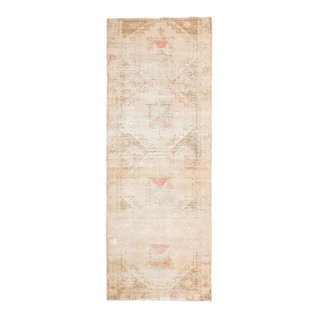 Vintage Turkish Hand-Knotted Wool Cotton Beige Runner Rug 111x305