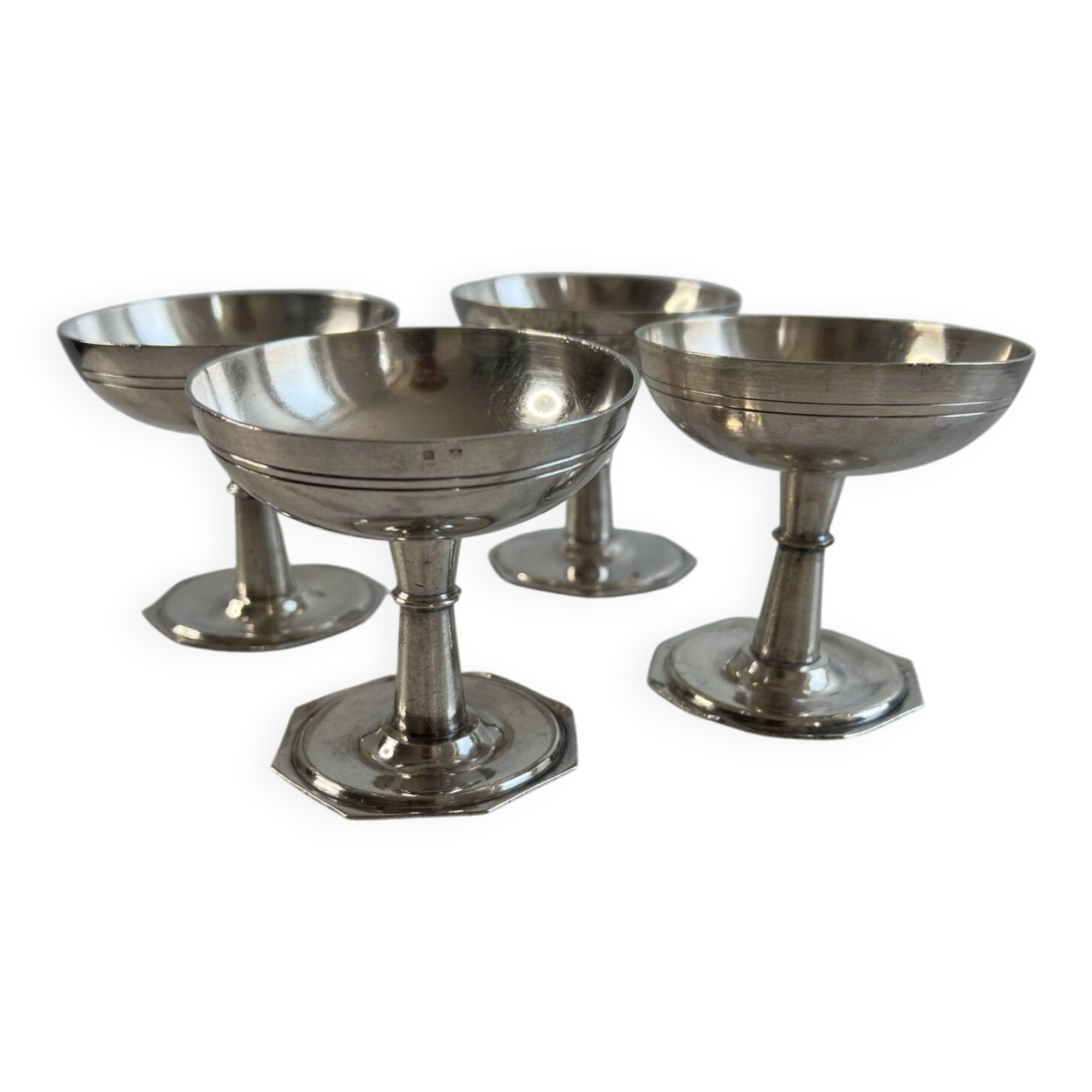 Set of 4 silver-plated ice cream bowls, hallmark, octagonal base, A