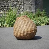 Old basket, burgundy straw and bramble, woven basket, interior decoration