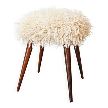 Tabouret Mid-Century à pieds compas en véritable laine