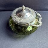 Biscuitier verre vert absinthe et métal argenté