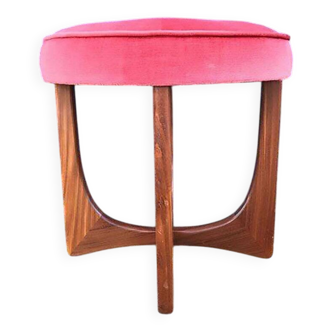 Round ottoman stool in teak and pink fabric - Mid-Century Kofod Larsen for G Plan