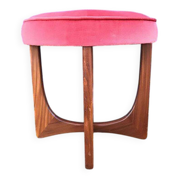 Round ottoman stool in teak and pink fabric - Mid-Century Kofod Larsen for G Plan