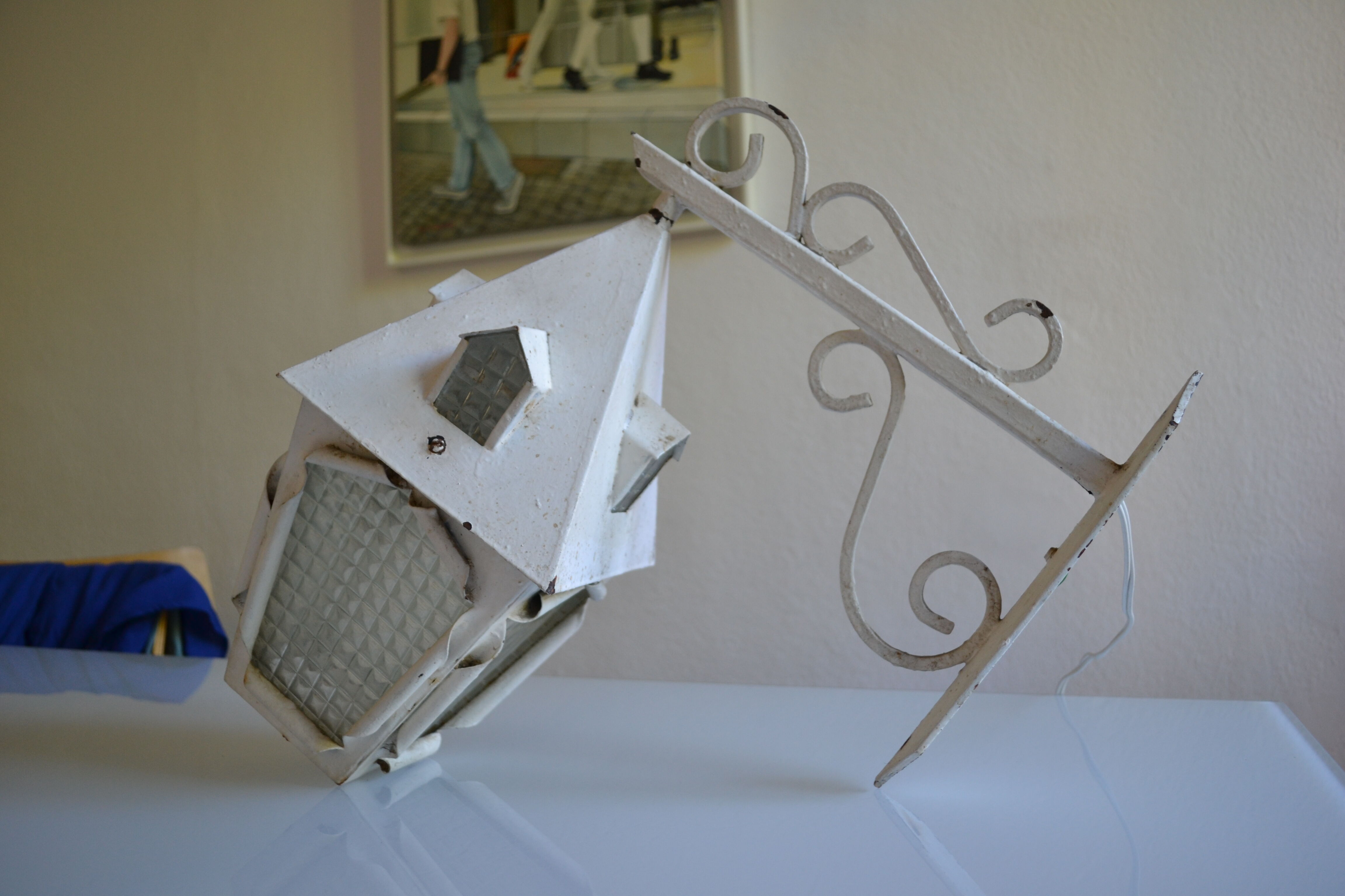 Vintage 1950 wall lamp lantern in wrought iron and glass