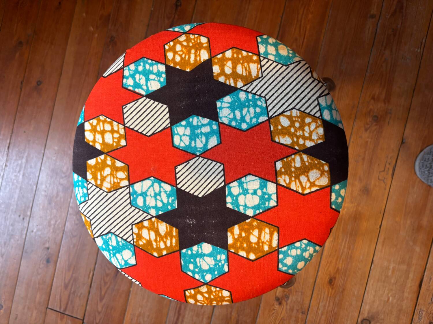 Vintage stool, new wax fabric