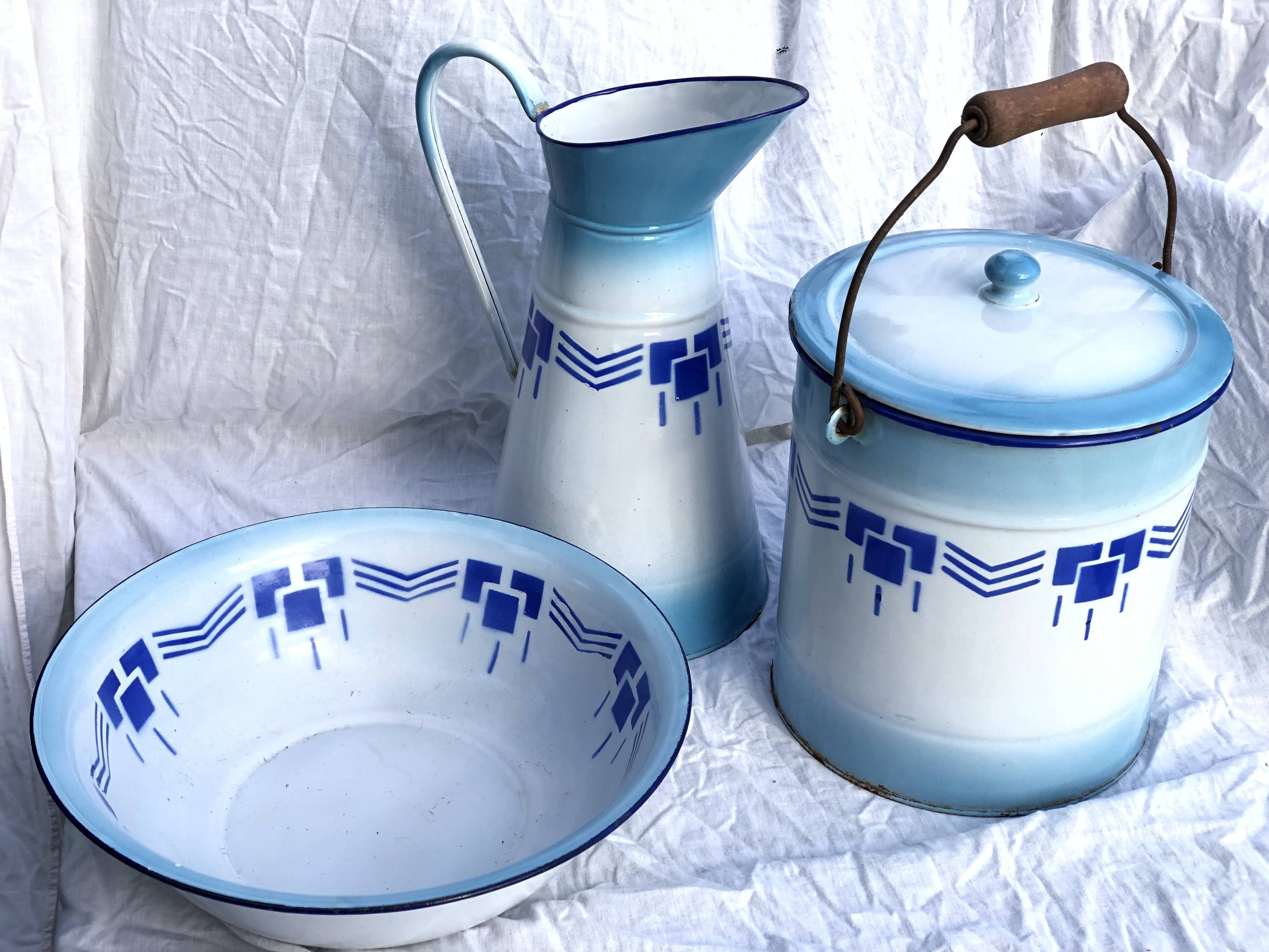 Enamelled jug, bowl and bucket