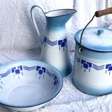 Enamelled jug, bowl and bucket