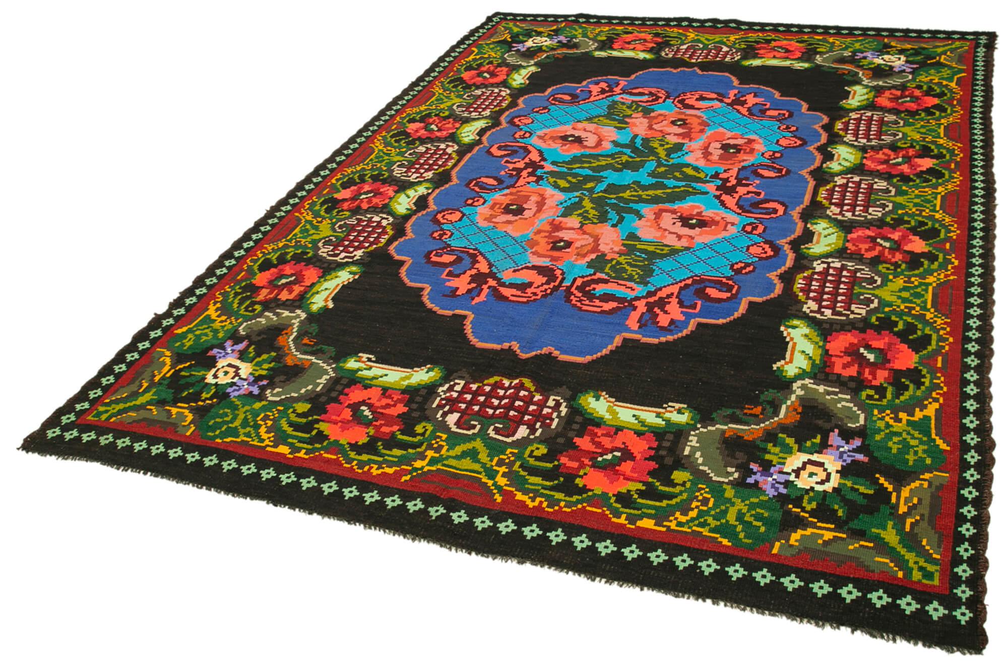 Handmade Vintage Moldovian Black Kilim 200 cm