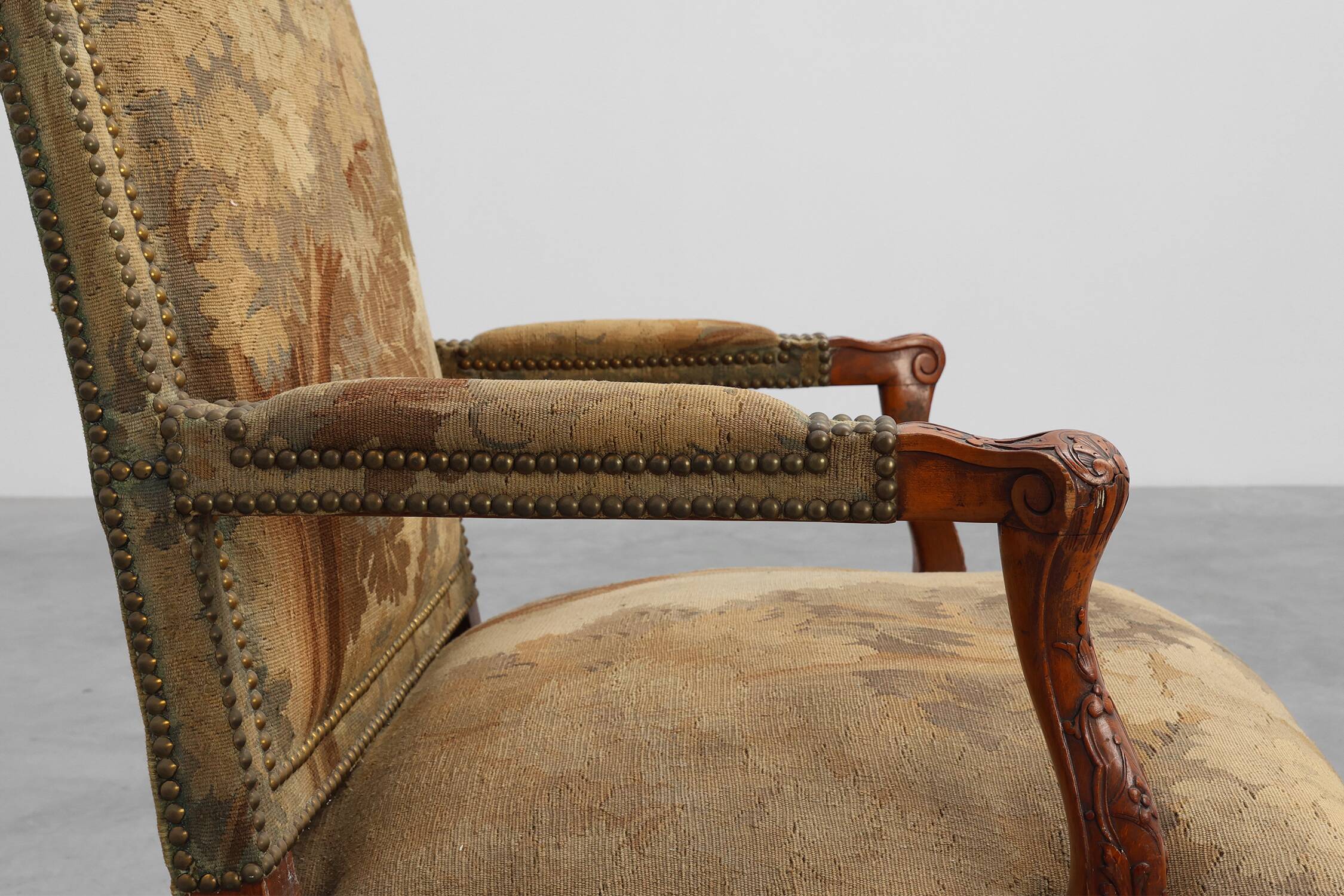 Carved Walnut Armchair with Cabriole Legs and Tapestry Upholstery, France