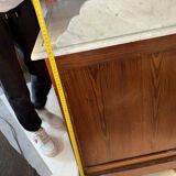 Antique wood and marble kitchen sideboard with carved backsplash