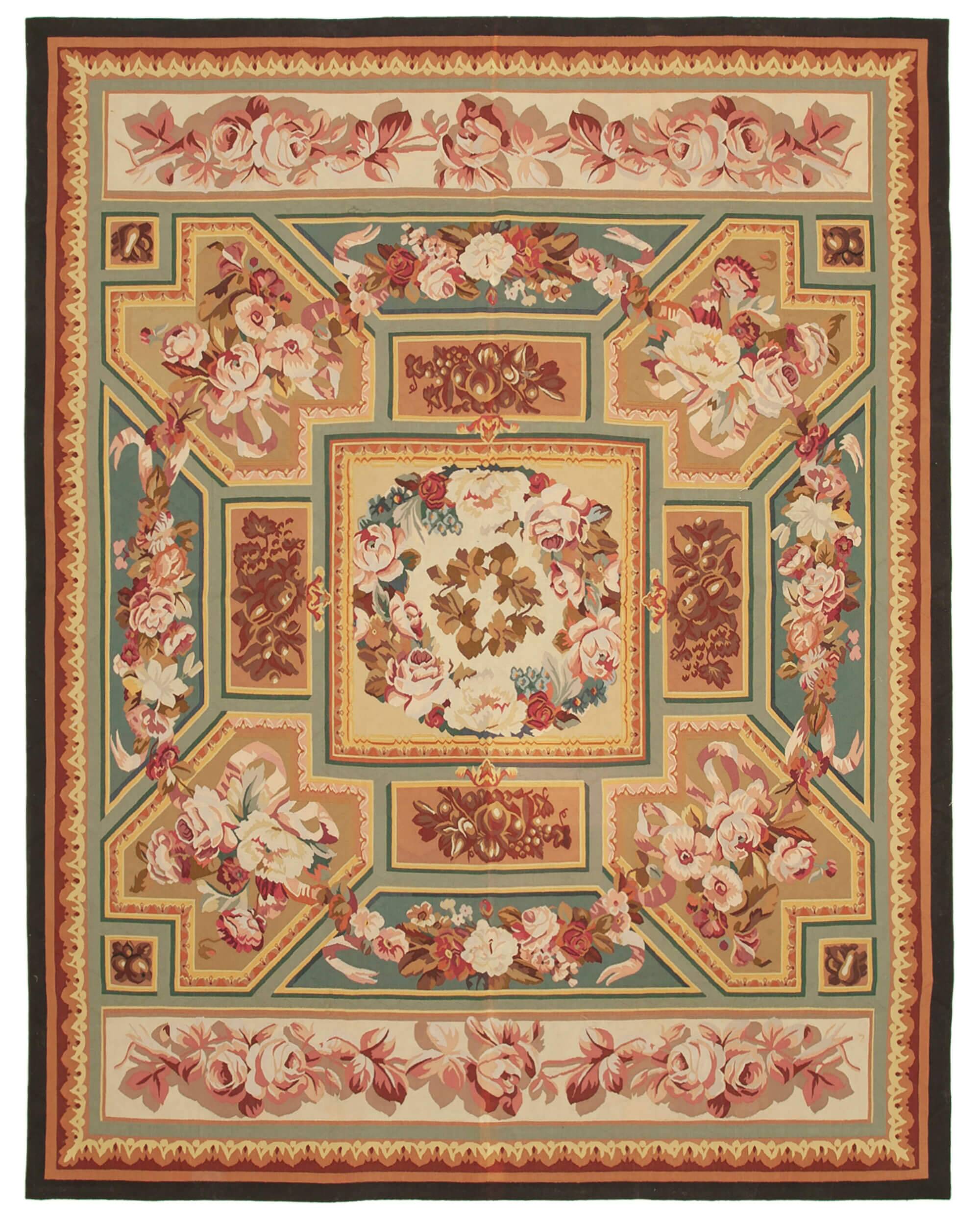 Handmade European Vintage Aubusson Kilim 280 cm x 366 cm