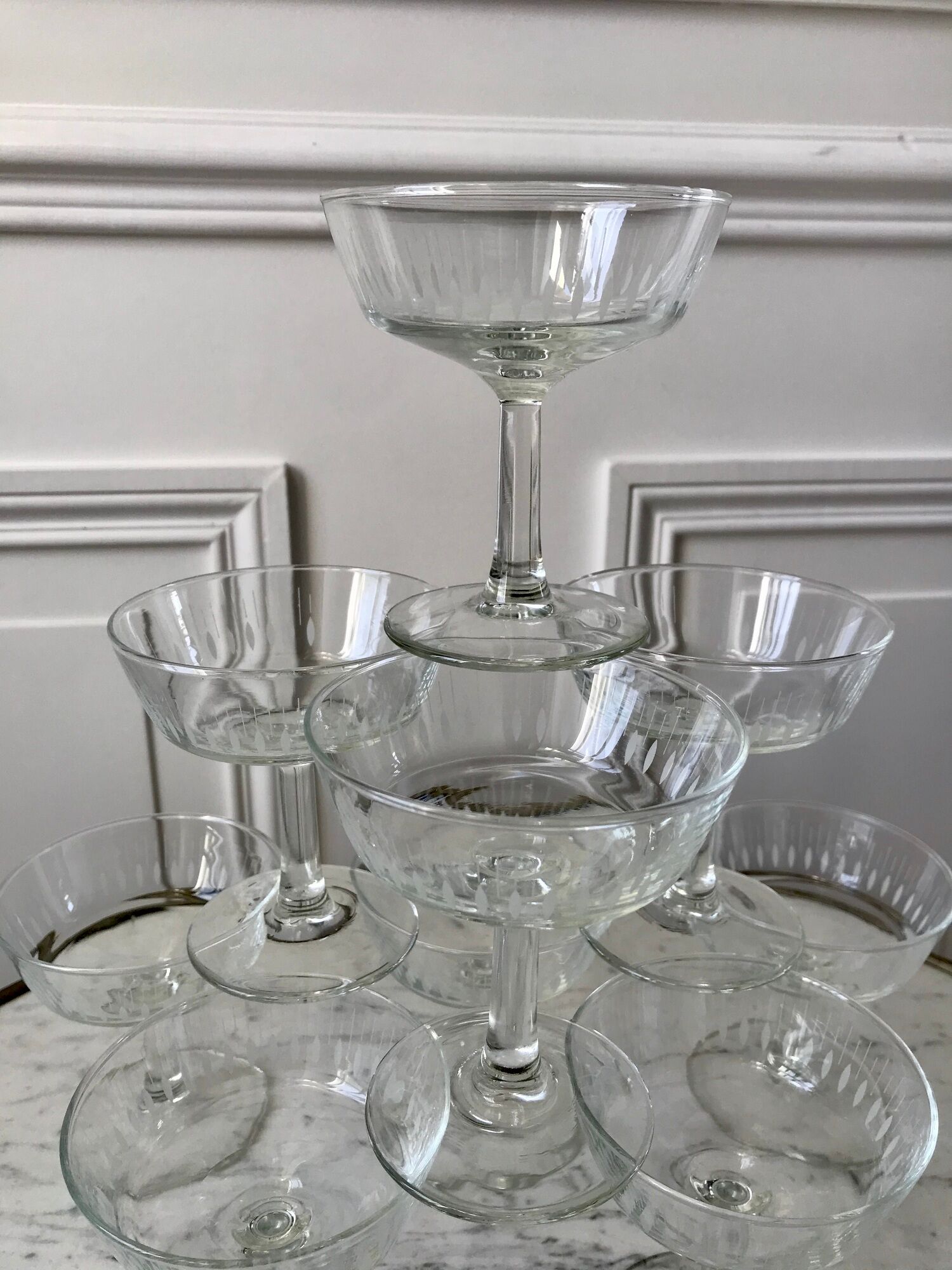 Lot de 10 coupes à champagne en verre cristallin années 50-60
