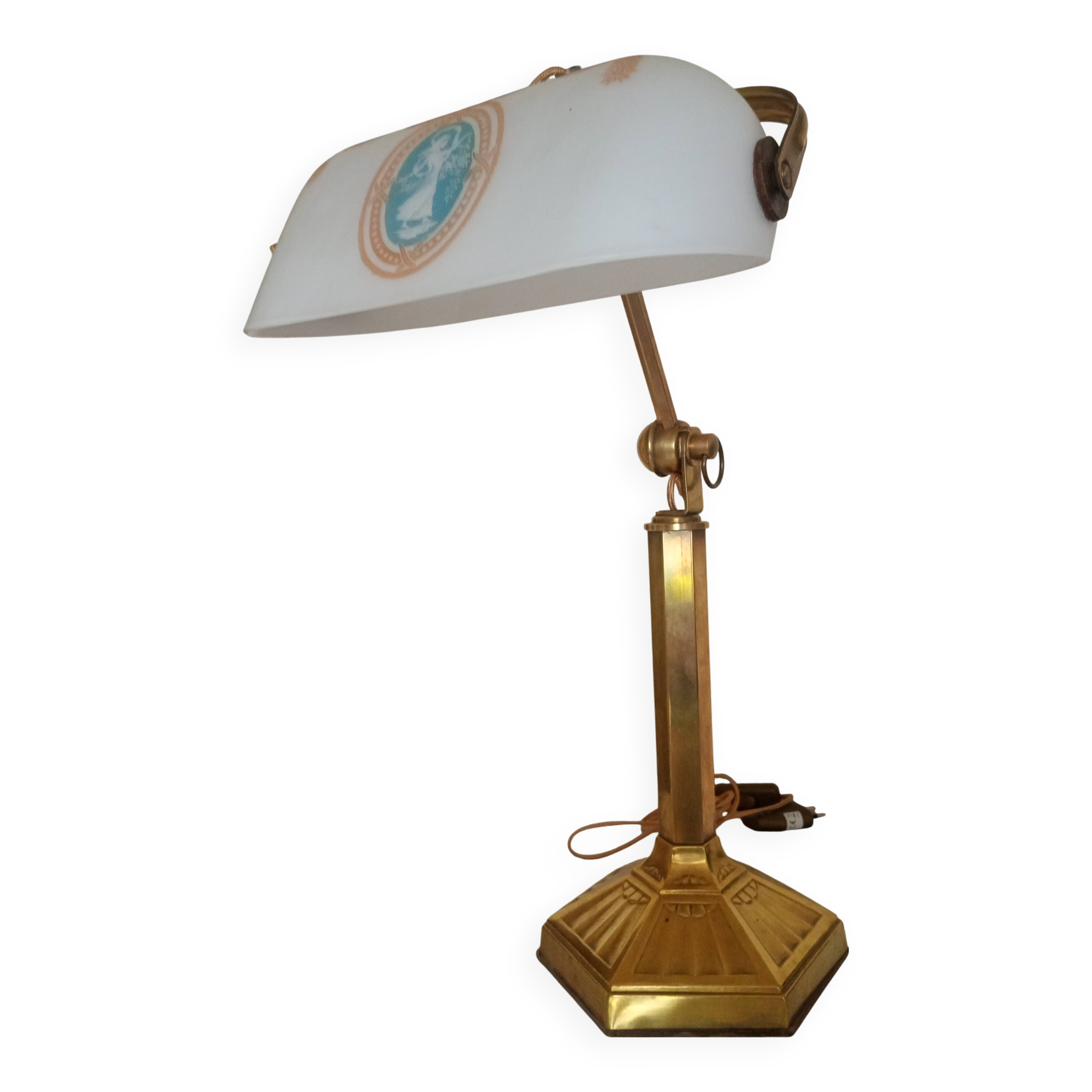 Brass & Satin Opaline Desk Lamp, Woman with Antique Ribbon Bows