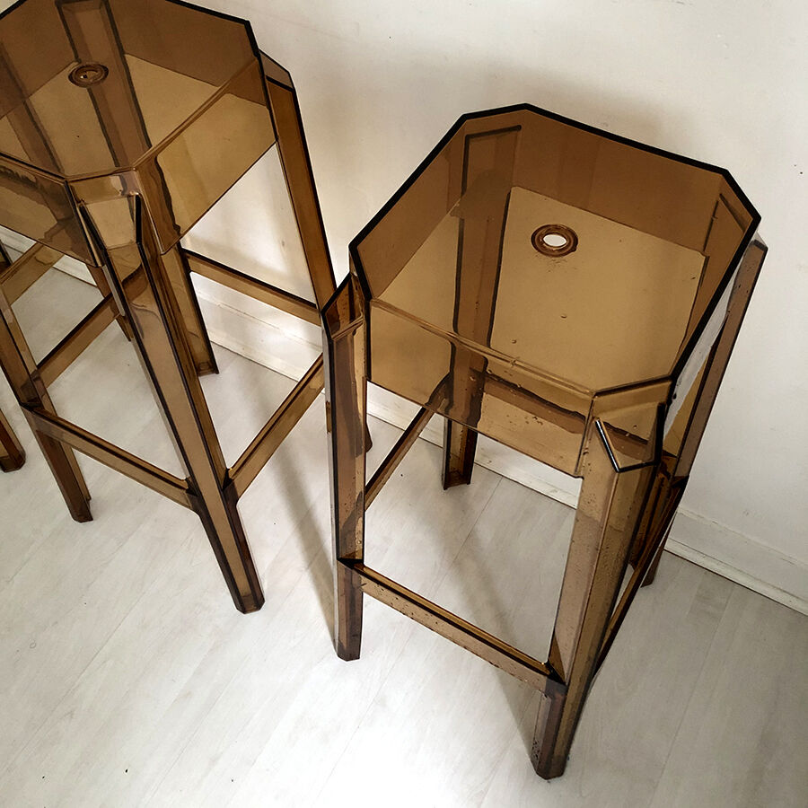 Ensemble de 3 tabourets de bar vintage 1970 en plexiglas ocre