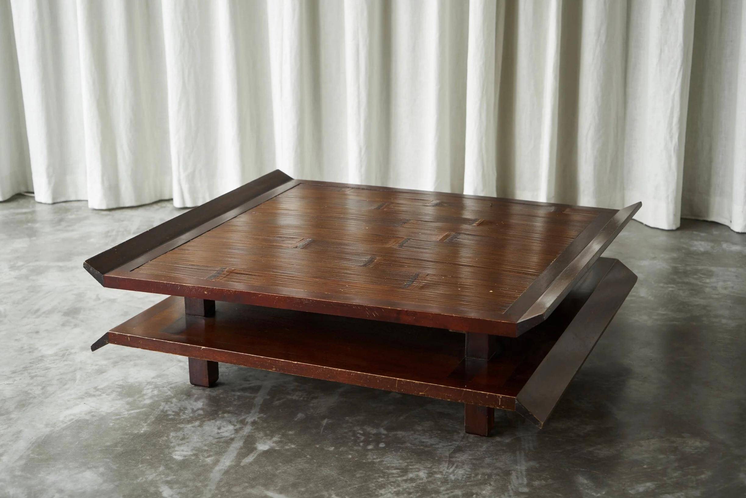Two-level pagoda coffee table in Wabi-Sabi style, wood and bamboo from the 1970s.