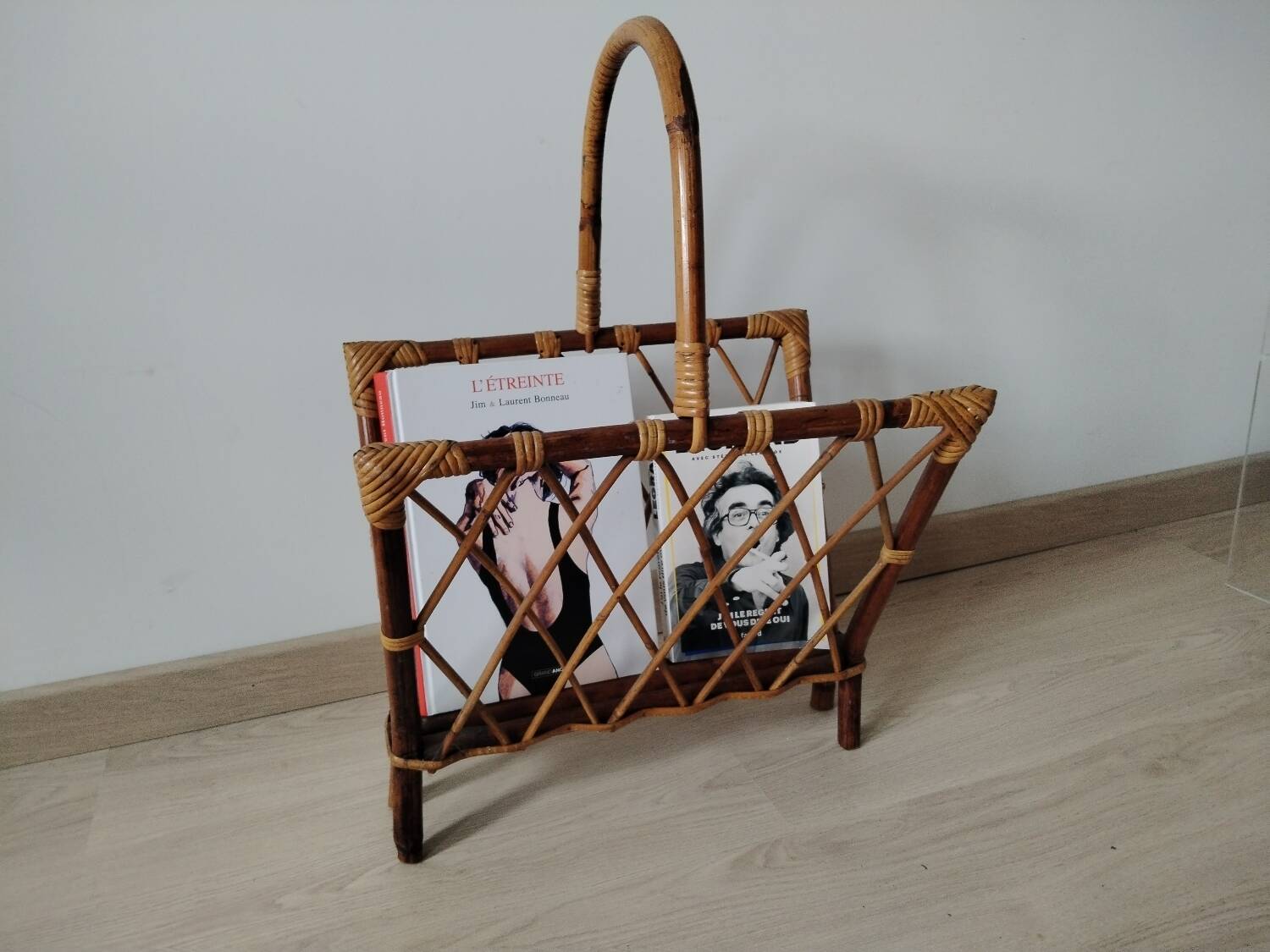 Rattan magazine rack from the 1950s
