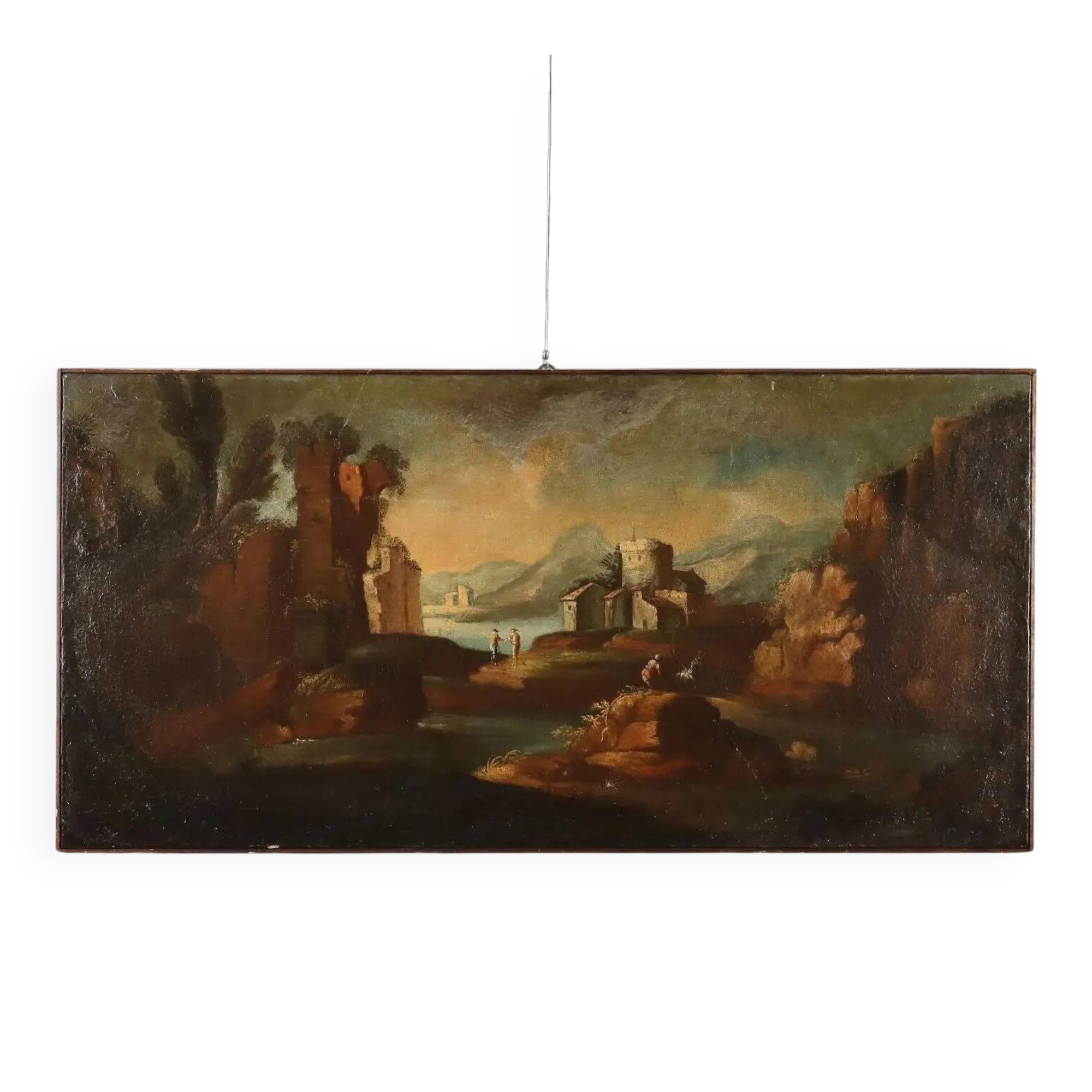 Old painting landscape with figures, oil on canvas, 18th century