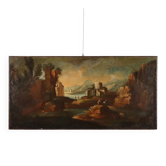 Old painting landscape with figures, oil on canvas, 18th century