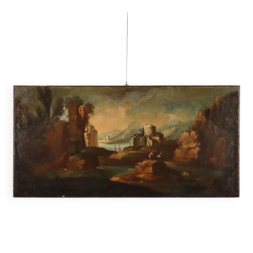 Old painting landscape with figures, oil on canvas, 18th century