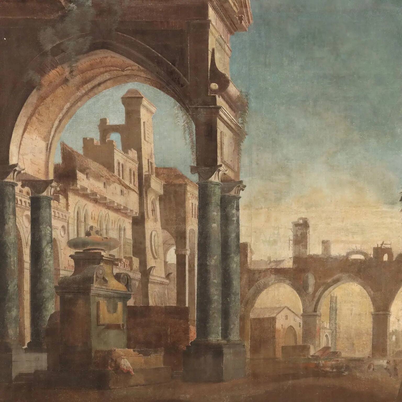 Large ancient architectural painting in tempera on canvas from the 18th century.