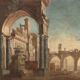 Large ancient architectural painting in tempera on canvas from the 18th century.
