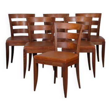 Set of 6 oak chairs in the style of Jean Pascaud, 1940.