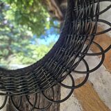 Vintage black rattan flower mirror