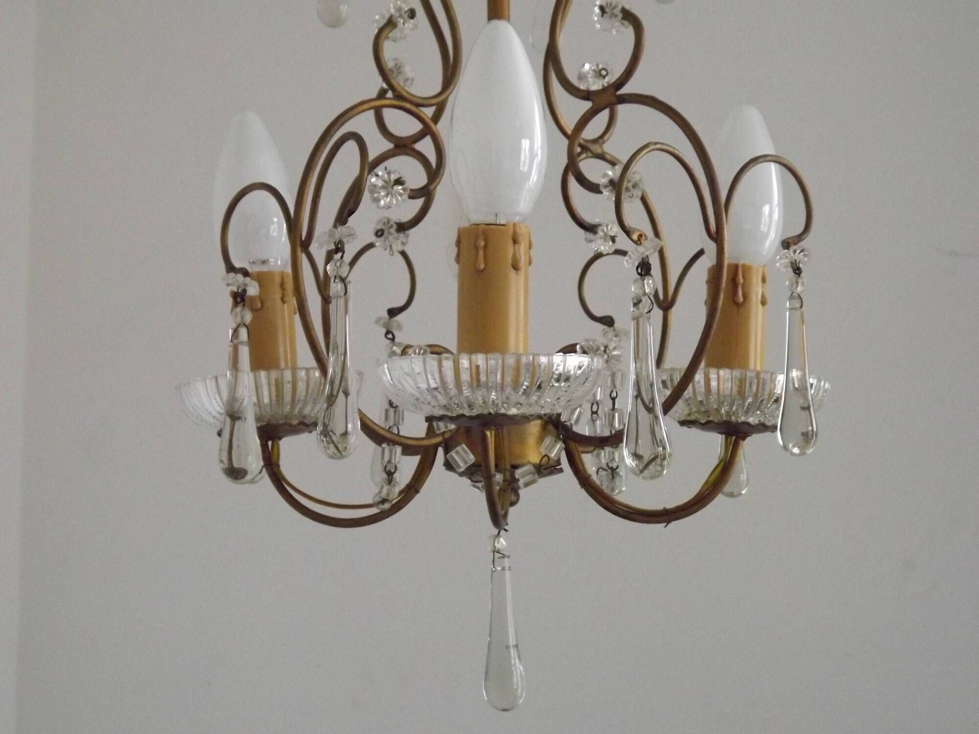 Vintage French 4 Arm Gilded Metal Cage Chandelier Beads Clear Murano Drops